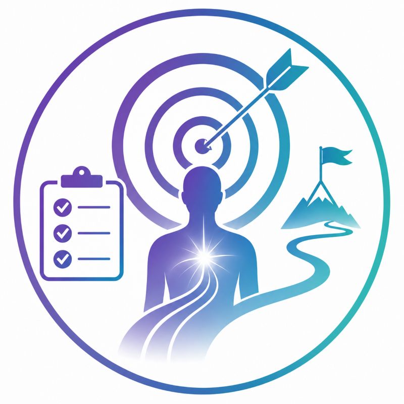 Icône représentant la construction d'objectifs précis dans la méthode Kinémotion®, illustrée par une cible, un parcours et un objectif thérapeutique personnalisé.