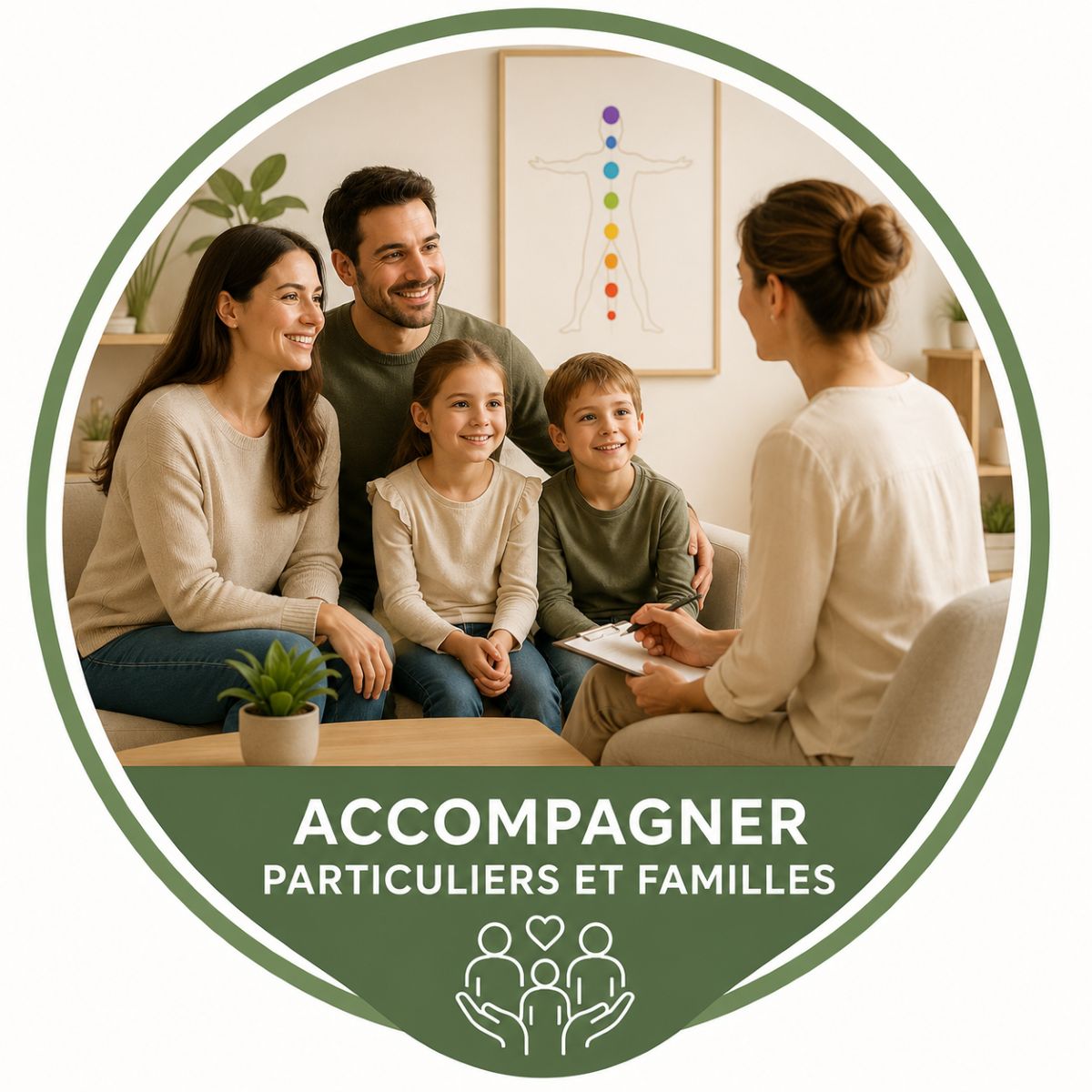Illustration représentant un kinésiologue accompagnant des particuliers et des familles après une formation à l'École AS.