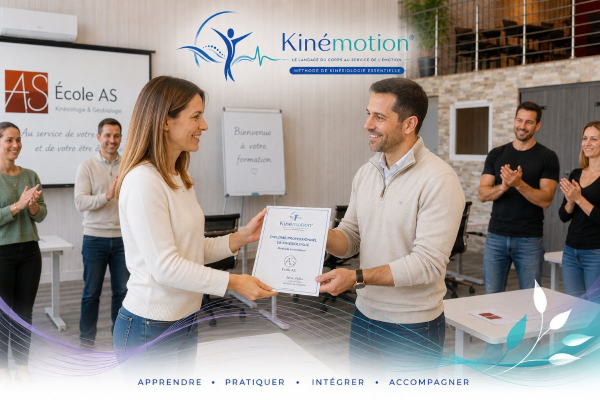 Certification professionnelle Kinémotion® – École AS Illustration représentant la remise du diplôme professionnel Kinémotion® à l'École AS, symbolisant l'aboutissement de la formation en kinésiologie et l'entrée dans la vie professionnelle.