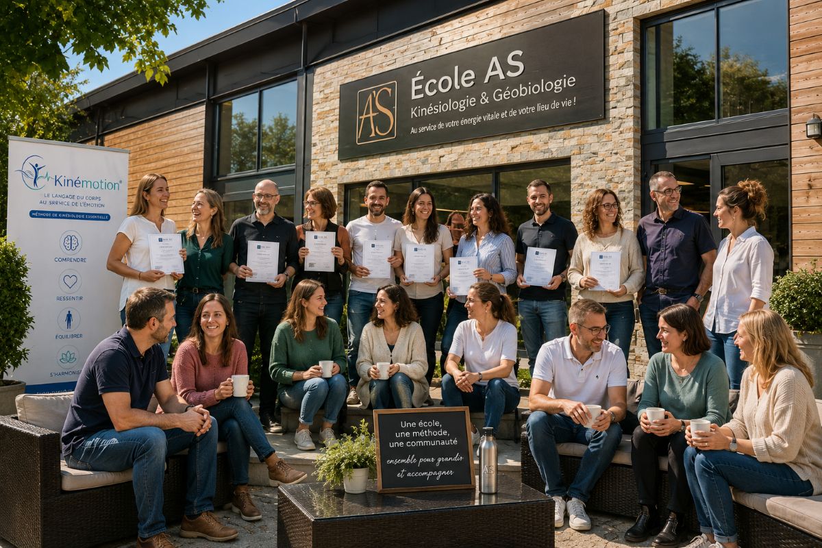 Illustration représentant des élèves diplômés et des formateurs réunis devant l'École AS, symbolisant une communauté de thérapeutes unie autour de la méthode Kinémotion®.