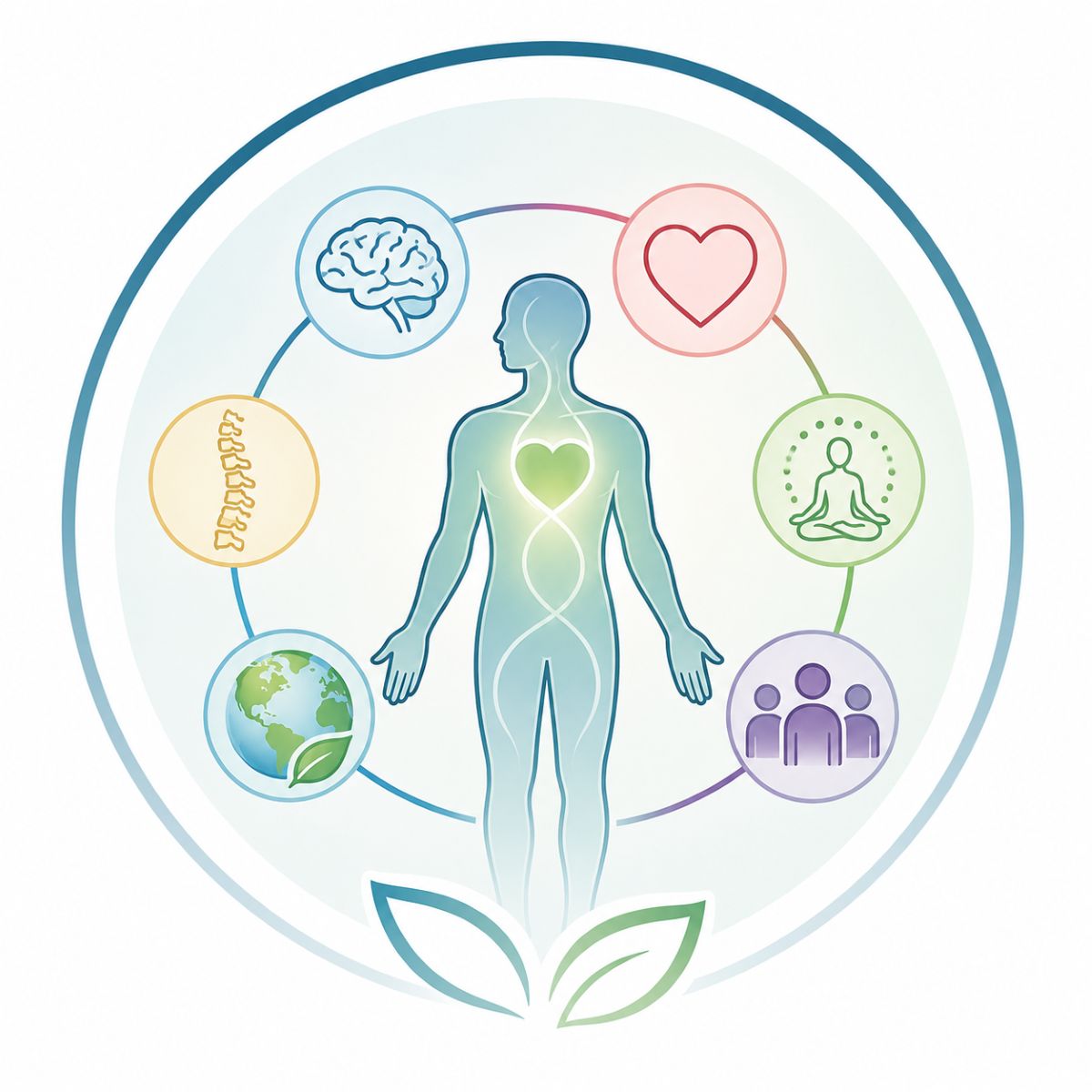 Illustration représentant une vision globale de l'être humain intégrant le corps, les émotions, le mental, l'énergie et l'environnement dans la formation en kinésiologie de l'École AS.