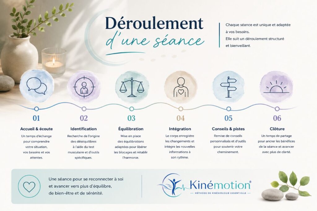 Déroulement d'une séance de kinésiologie Déroulement d'une séance de kinésiologie à l'Institut AS : accueil, identification des déséquilibres, équilibrations, intégration et conseils personnalisés.