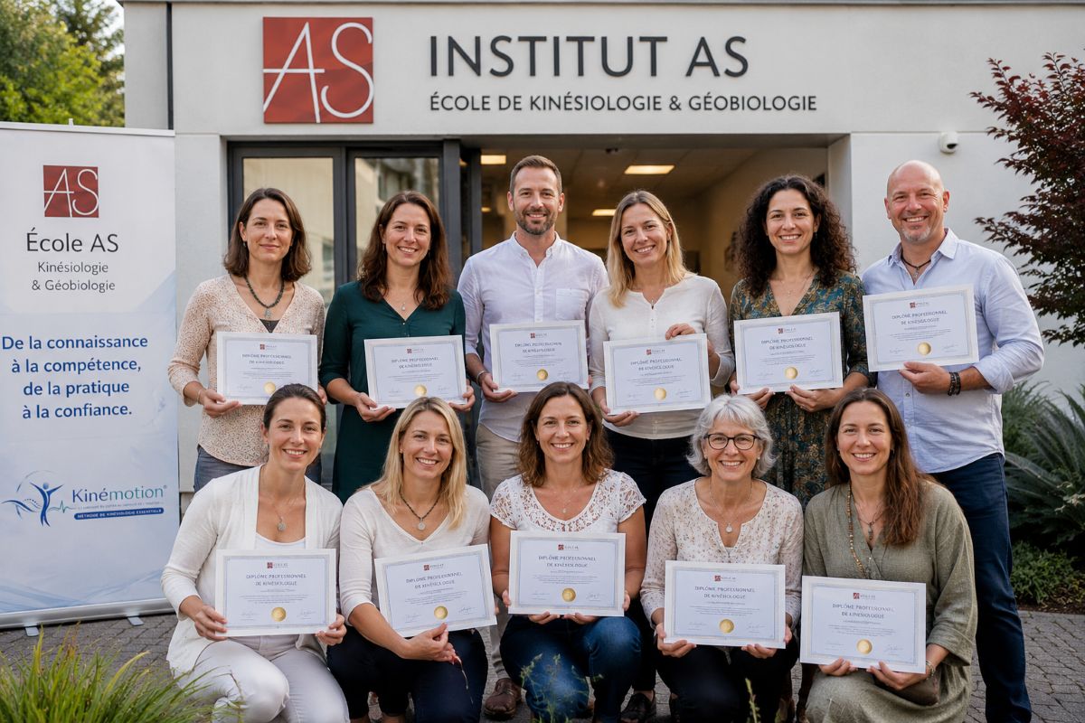 Groupe de thérapeutes diplômés de l'École AS devant l'Institut AS, présentant leur diplôme professionnel de kinésiologue obtenu à l'issue de la formation Kinémotion®.