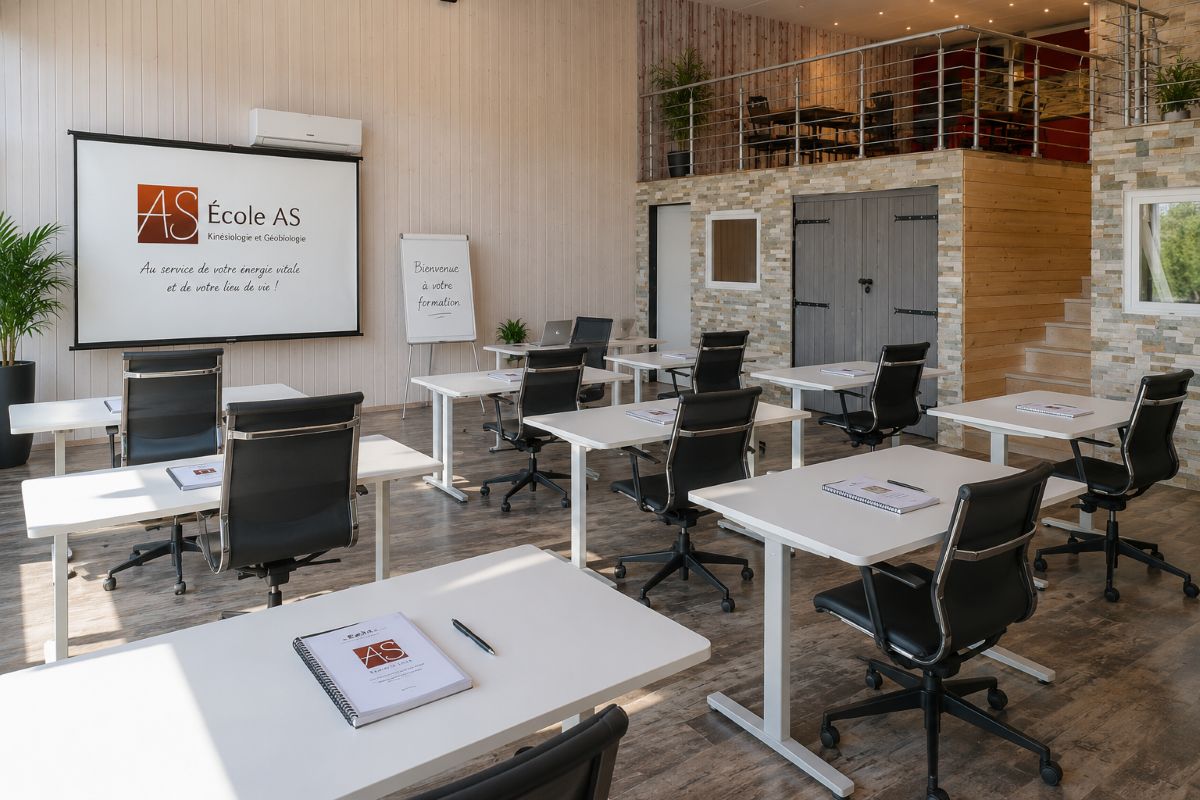 Salle de formation moderne de l'École AS Salle de formation de l'École AS en Suisse romande avec postes de travail individuels pour les étudiants en kinésiologie.