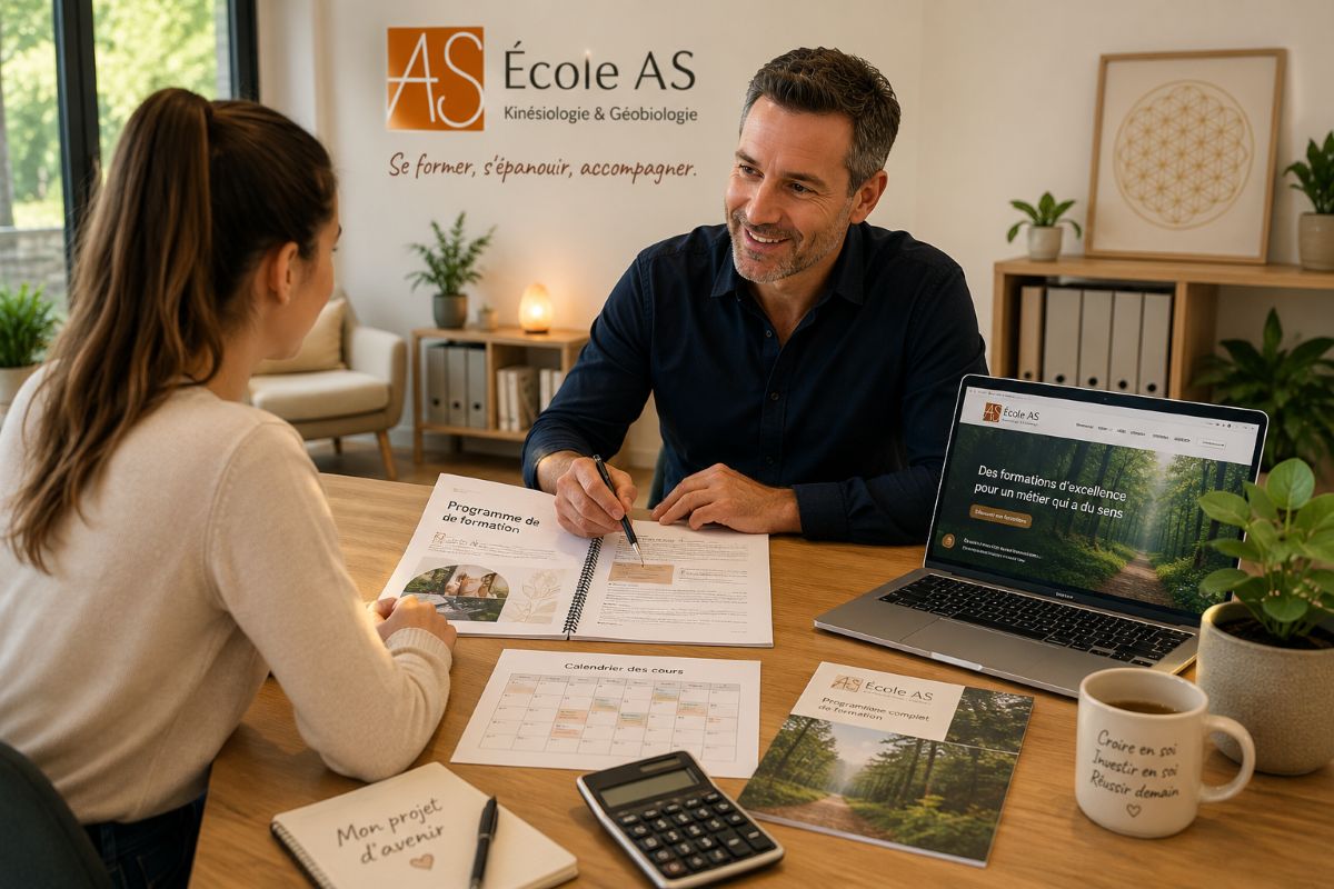 Financement de votre formation – École AS Un formateur de l'École AS présente le programme de formation à une future élève lors d'un entretien d'information sur le financement et l'organisation de son cursus en kinésiologie ou en géobiologie.