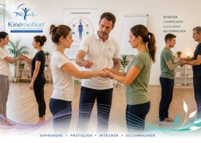 Formation Kinémotion® à l'École AS montrant un formateur accompagnant plusieurs élèves réalisant des tests musculaires debout lors d'un atelier pratique de kinésiologie.