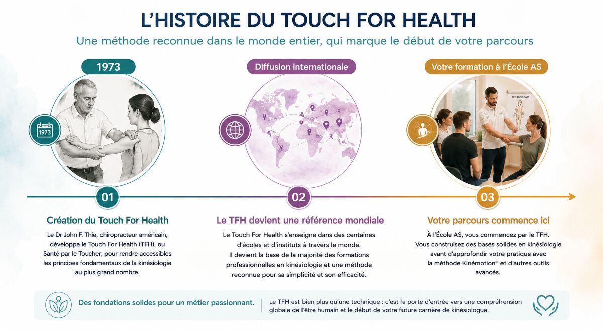 L'histoire du Touch For Health (TFH) Frise chronologique illustrant l'histoire du Touch For Health (TFH), de sa création par le Dr John F. Thie en 1973 jusqu'à son enseignement à l'École AS comme base de la formation en kinésiologie.