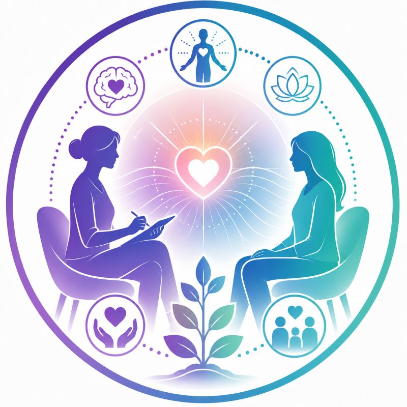 Icône représentant l'accompagnement personnalisé dans la méthode Kinémotion®, illustrant un thérapeute à l'écoute d'une personne afin de proposer un accompagnement individualisé.