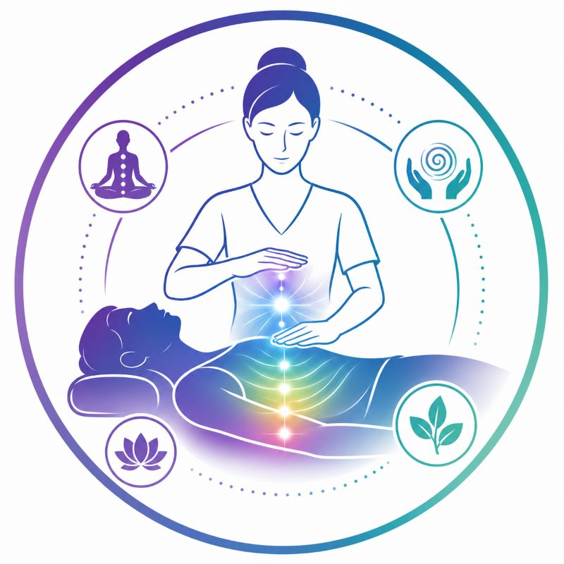 Icône représentant les techniques d'équilibration de la méthode Kinémotion®, illustrant un thérapeute réalisant une séance de kinésiologie afin de rétablir l'équilibre énergétique de la personne.