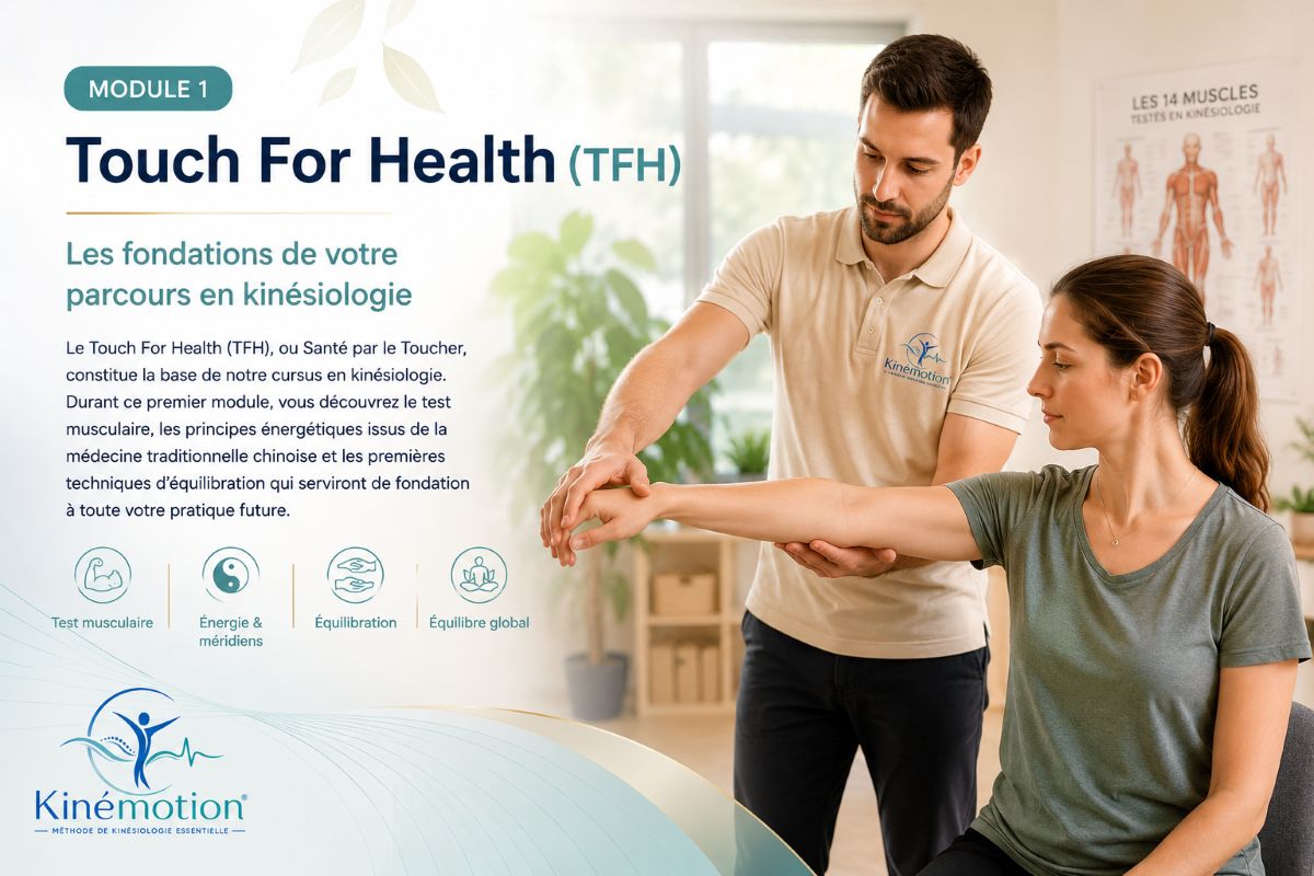 Module 1 – Touch For Health (TFH) Illustration du Module 1 Touch For Health (TFH) montrant un test musculaire en kinésiologie, première étape de la formation professionnelle de l'École AS.