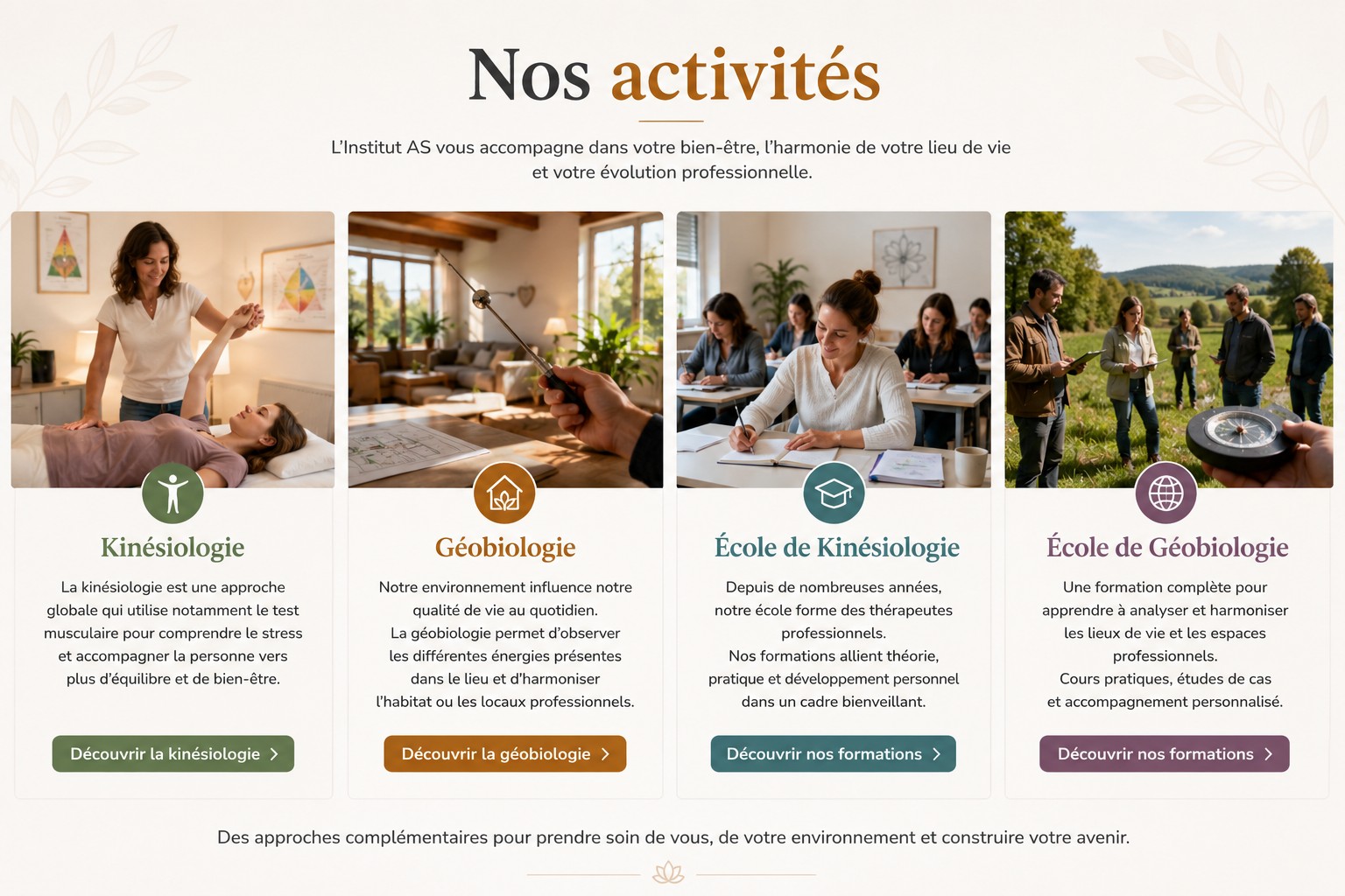 Nos activités - Institut AS Nos activités à l'Institut AS : kinésiologie, géobiologie, école de kinésiologie et école de géobiologie en Suisse romande.
