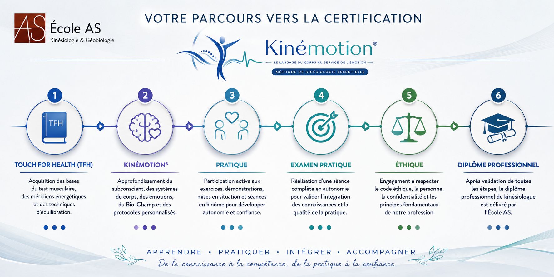 Parcours vers la certification professionnelle en kinésiologie – École AS Infographie présentant les différentes étapes du parcours de certification en kinésiologie à l'École AS : Touch For Health (TFH), modules Kinémotion®, pratique, examen, éthique et obtention du diplôme professionnel.
