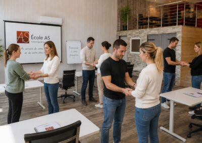 Élèves de l'École AS pratiquant le test musculaire en binôme durant un cours de formation en kinésiologie dans une salle de pratique.