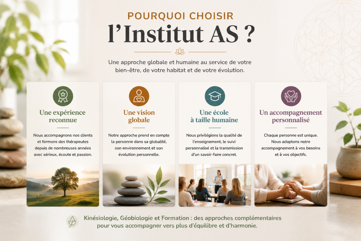 Pourquoi choisir l'Institut AS ? Pourquoi choisir l'Institut AS : expérience reconnue, approche globale, école à taille humaine et accompagnement personnalisé en kinésiologie, géobiologie et formation.