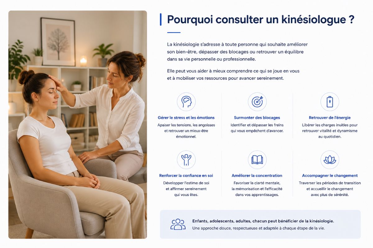 Pourquoi consulter un kinésiologue ? Consultation de kinésiologie à l'Institut AS à Champagne. Accompagnement personnalisé pour la gestion du stress, des émotions, de la confiance en soi et du bien-être général.