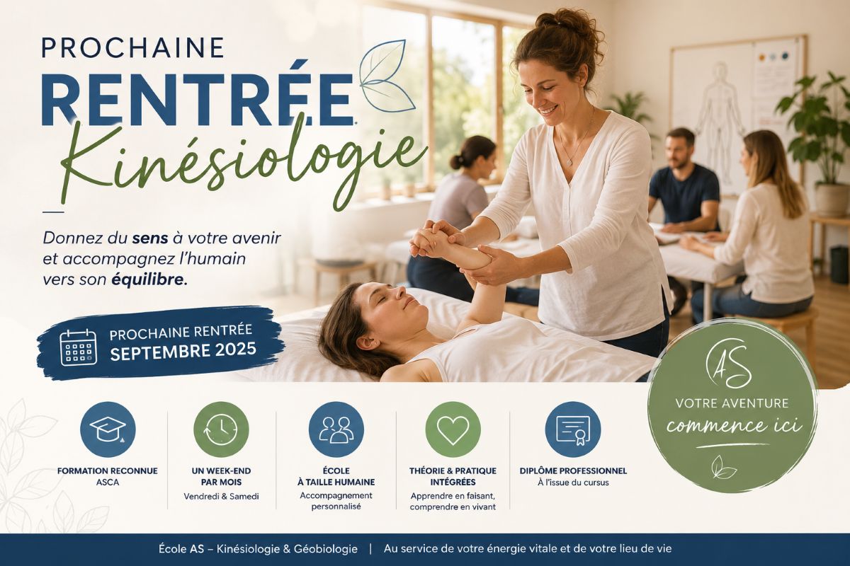 Affiche illustrant la prochaine rentrée de la formation en kinésiologie à l'École AS en Suisse romande avec démonstration de test musculaire.