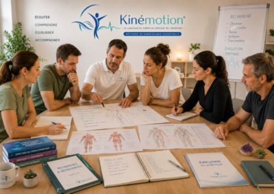 Illustration représentant une réunion de recherche de la méthode Kinémotion® à l'École AS, où plusieurs thérapeutes échangent autour de schémas du corps humain, des méridiens et de l'évolution de la pratique en kinésiologie.