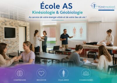 Illustration représentant la vision pédagogique de l'École AS, avec des élèves en formation pratique Kinémotion® accompagnés par un formateur dans une salle de cours moderne.