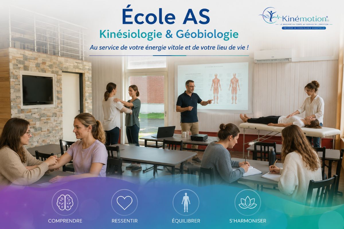 Notre vision de la formation – École AS Illustration représentant la vision pédagogique de l'École AS, avec des élèves en formation pratique Kinémotion® accompagnés par un formateur dans une salle de cours moderne.
