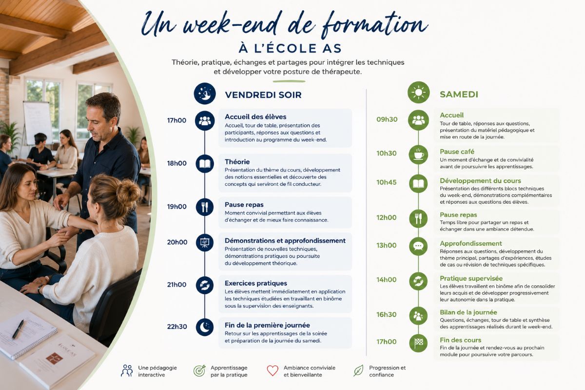 Un week-end de formation à l'École AS Déroulement d'un week-end de formation en kinésiologie à l'École AS avec théorie, démonstrations et pratique supervisée.