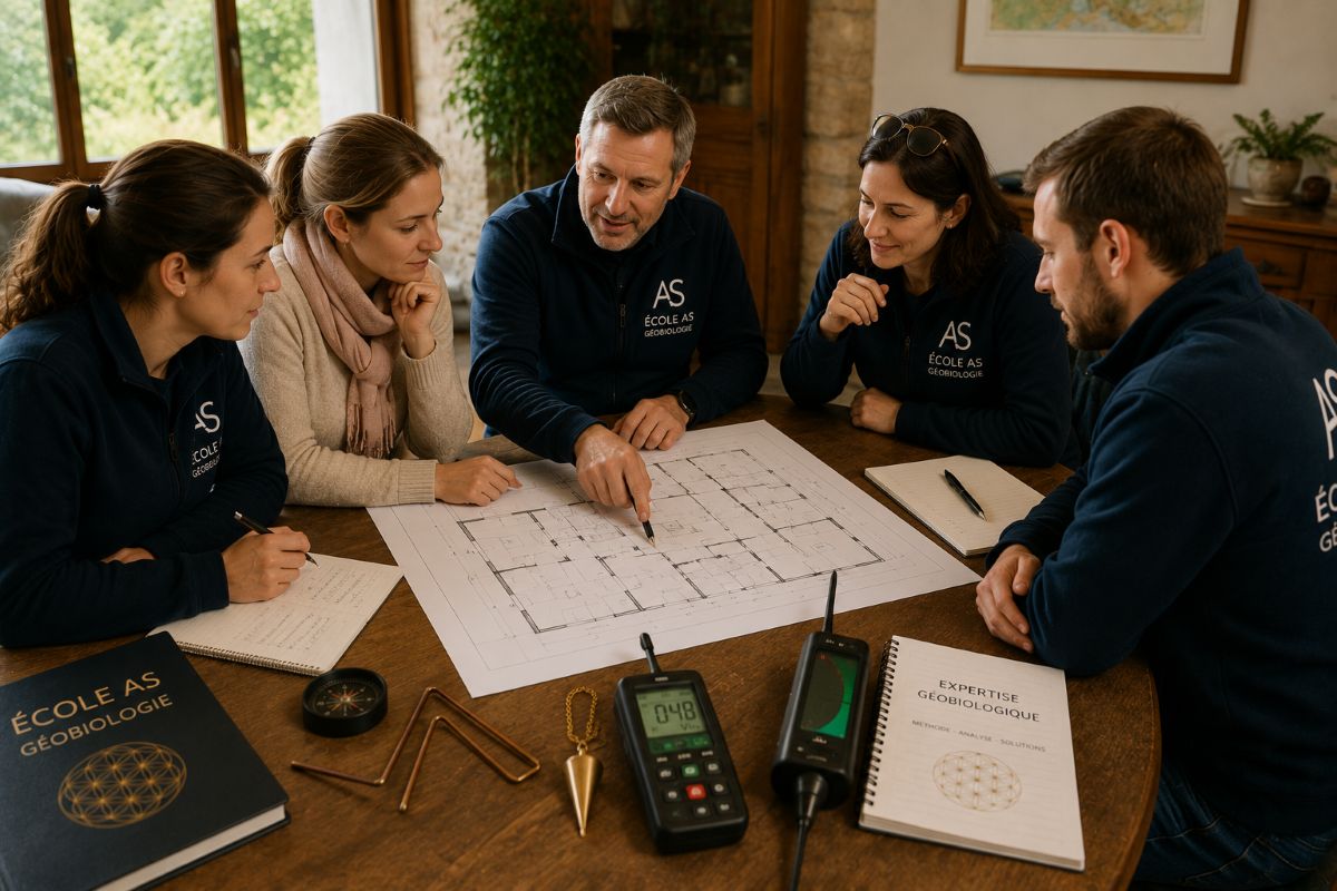 Analyse d'un plan de maison en géobiologie | Formation École AS Un formateur et plusieurs élèves de l'École AS analysent ensemble le plan d'une habitation lors d'une séance de formation en géobiologie. Autour de la table sont disposés un pendule, des baguettes de détection, des appareils de mesure électromagnétique et des documents d'expertise.