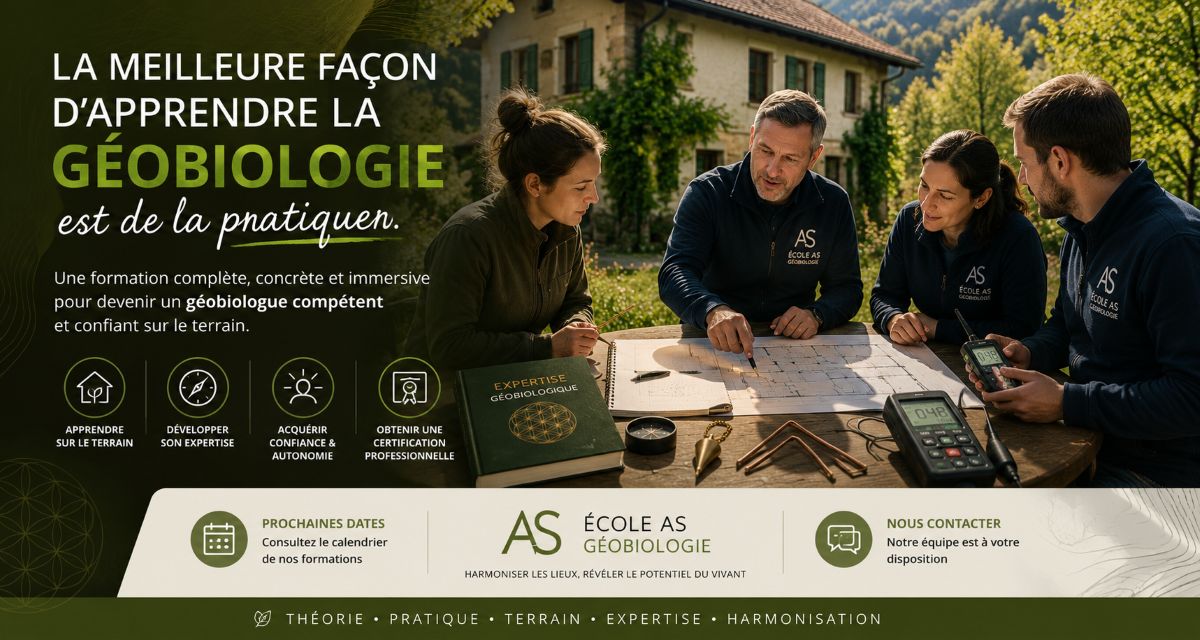 La meilleure façon d'apprendre la géobiologie est de la pratiquer | École AS Bannière illustrant une séance pratique de formation en géobiologie de l'École AS, où un formateur accompagne plusieurs élèves autour du plan d'une maison avec un pendule, des baguettes de détection et des appareils de mesure lors d'une expertise sur le terrain.