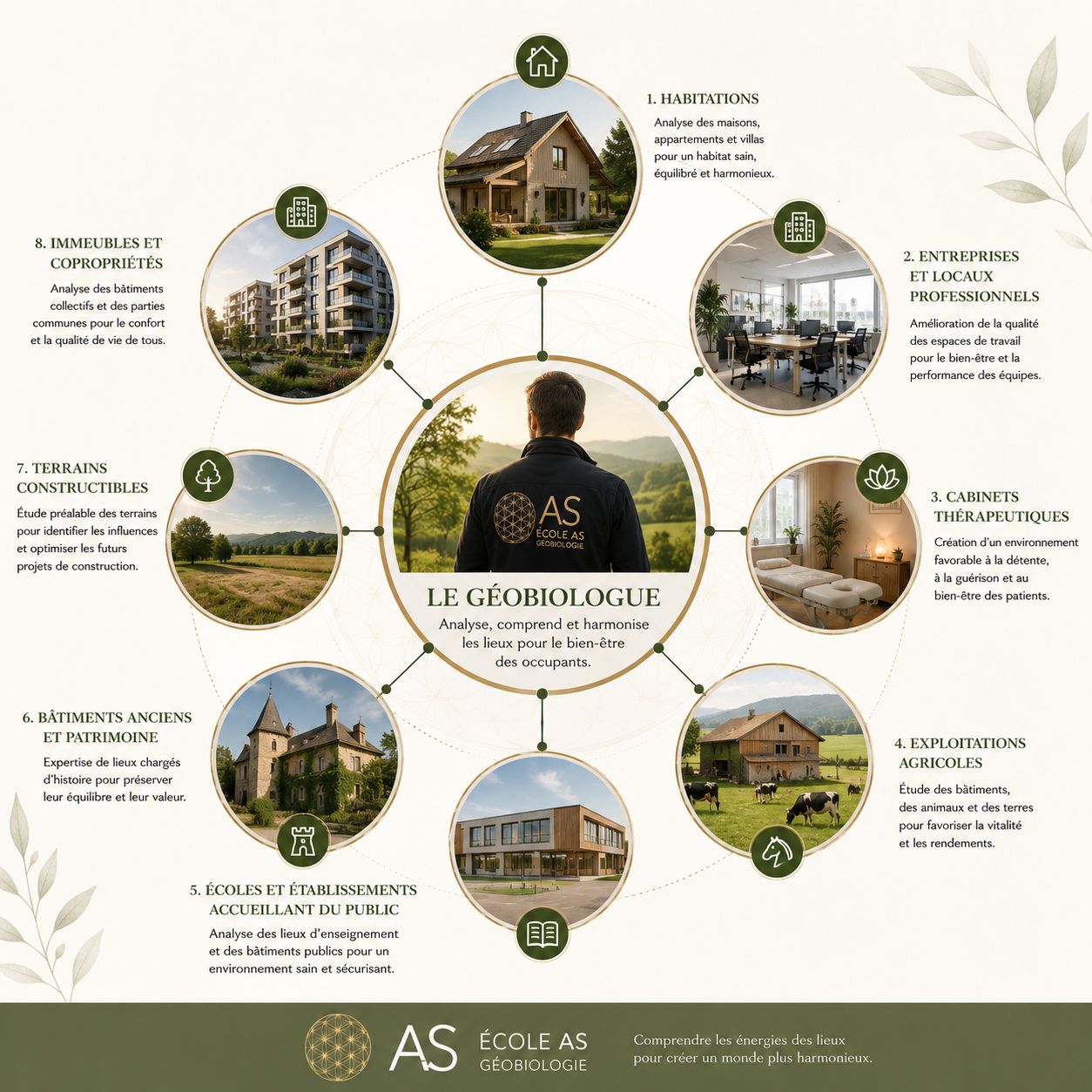 Les domaines d'intervention du géobiologue | Formation École AS Infographie présentant les principaux domaines d'intervention d'un géobiologue : habitations, entreprises, cabinets thérapeutiques, exploitations agricoles, écoles, bâtiments anciens, terrains constructibles et immeubles, dans le cadre de la formation en géobiologie de l'École AS.