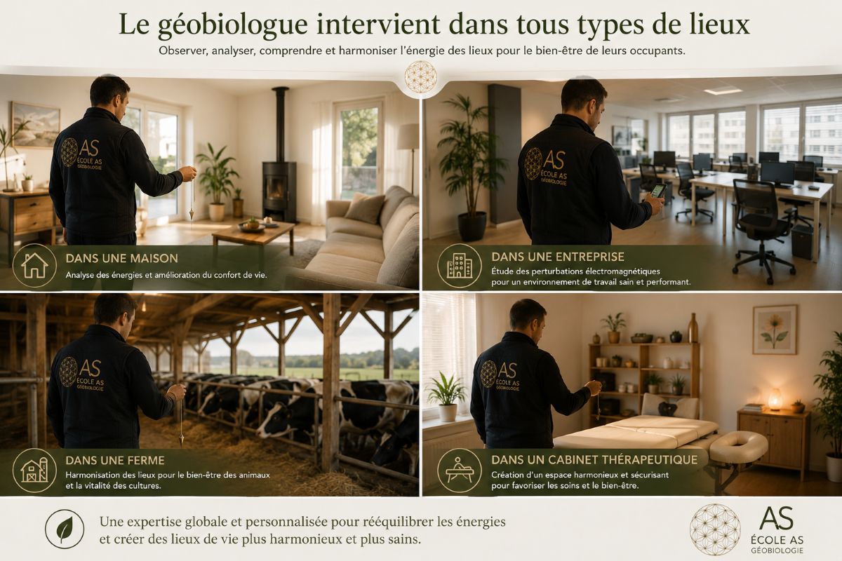 Les domaines d'intervention du géobiologue | École AS Illustration montrant les principaux domaines d'intervention d'un géobiologue : habitation, entreprise, exploitation agricole et cabinet thérapeutique, dans le cadre de la formation professionnelle en géobiologie de l'École AS.