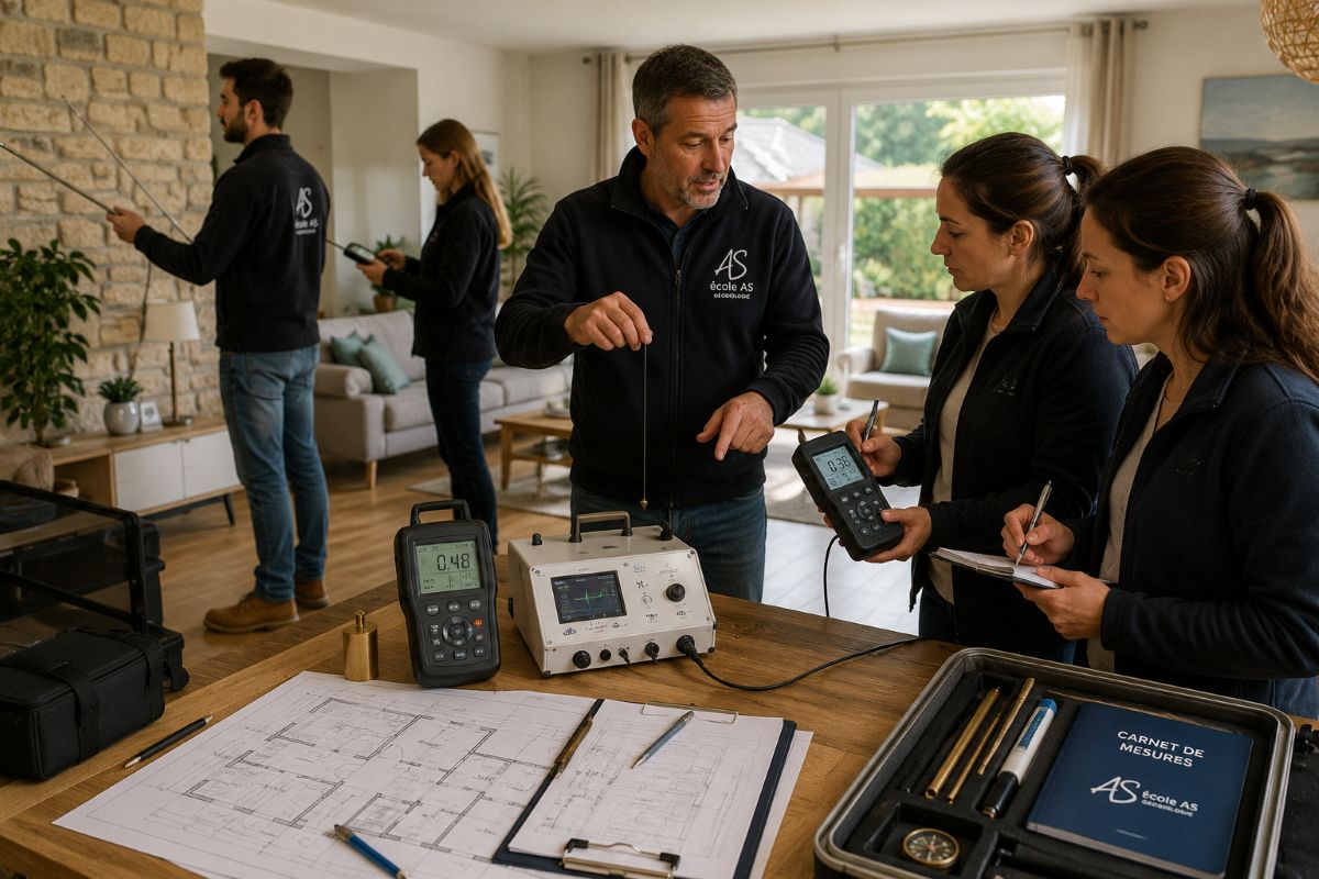 Formation en géobiologie – Intervention pratique sur le terrain | École AS Élèves de l'École AS réalisant une expertise géobiologique dans une habitation avec un formateur, à l'aide de baguettes de détection, d'un pendule, d'appareils de mesure et des plans de la maison.