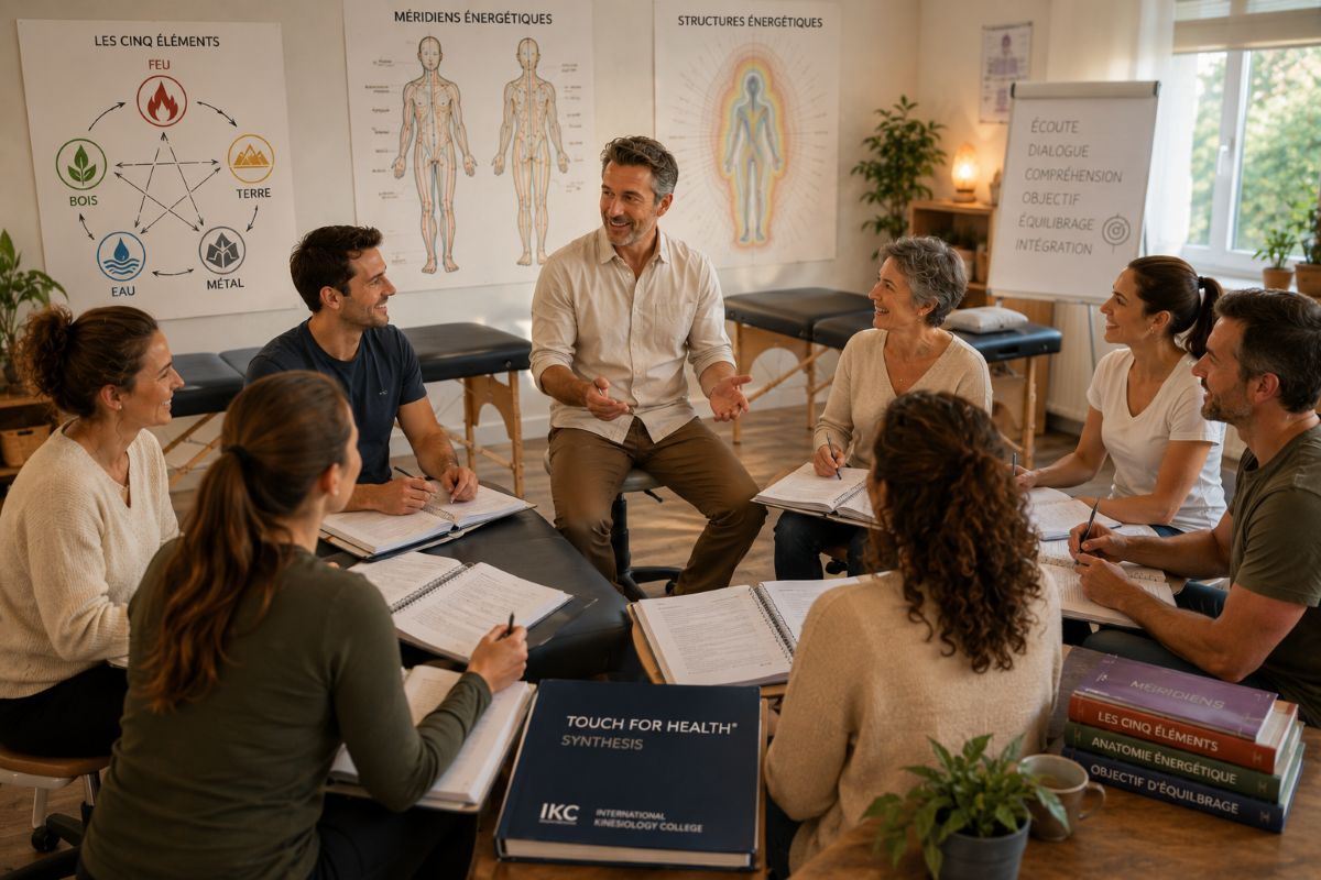 Formation Touch For Health et Métaphores – Apprendre et évoluer ensemble Groupe de thérapeutes réunis autour d'un formateur lors d'une formation Touch For Health et Métaphores dans une salle moderne de kinésiologie, avec tables de massage, classeurs de formation et schémas énergétiques.