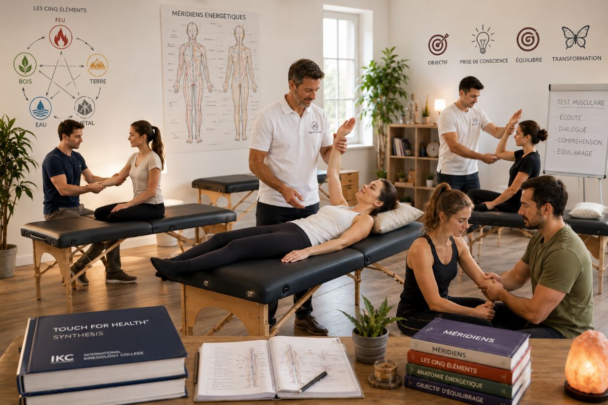 Formation Touch For Health et Métaphores – Exercices pratiques en salle de cours Stagiaires en formation Touch For Health travaillant en binôme autour de tables de massage pendant un test musculaire, accompagnés par un formateur dans une salle de cours moderne illustrant les cinq éléments, les méridiens et les métaphores.