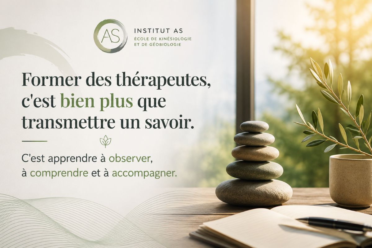 Former des thérapeutes – École de Kinésiologie et de Géobiologie Institut AS Citation inspirante de l'Institut AS : Former des thérapeutes, c'est bien plus que transmettre un savoir. C'est apprendre à observer, à comprendre et à accompagner.