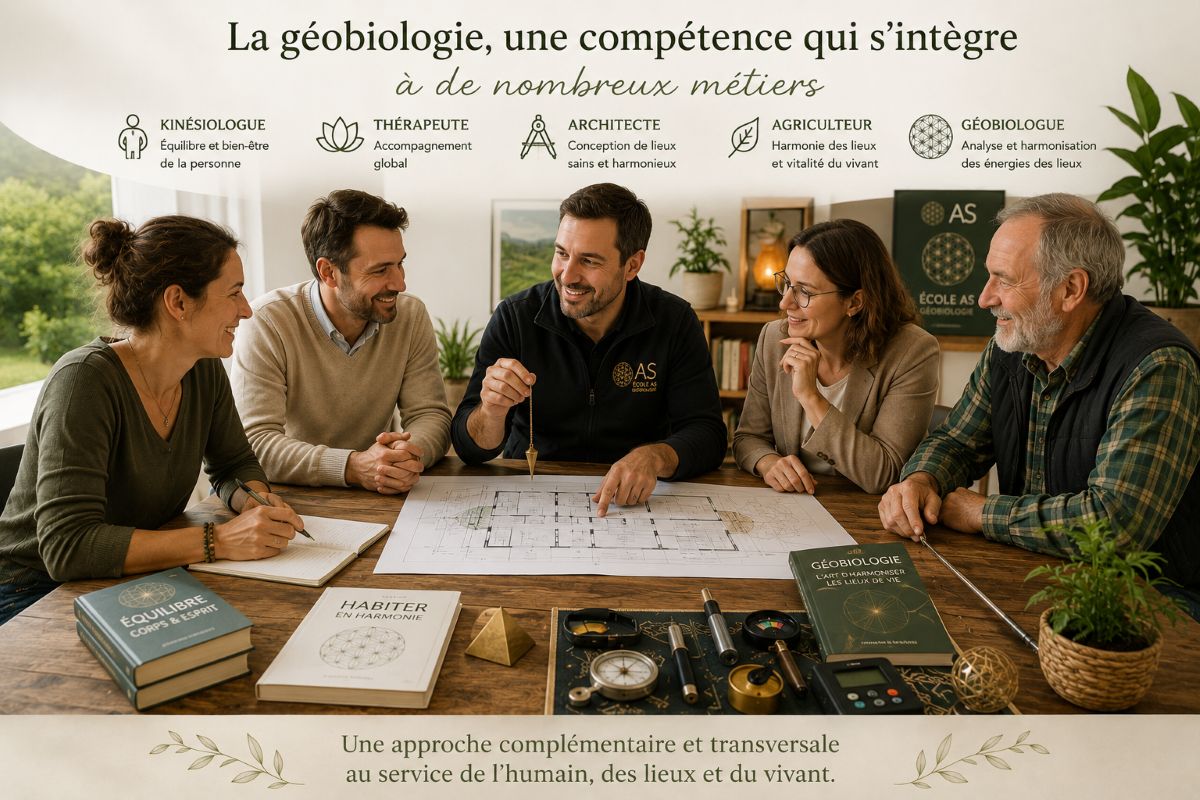 La géobiologie, une compétence complémentaire à de nombreux métiers | École AS Illustration montrant un kinésiologue, un thérapeute, un architecte, un agriculteur et un géobiologue réunis autour d'un plan d'habitation et des outils de géobiologie afin d'échanger sur une expertise et de démontrer la complémentarité de leurs métiers.