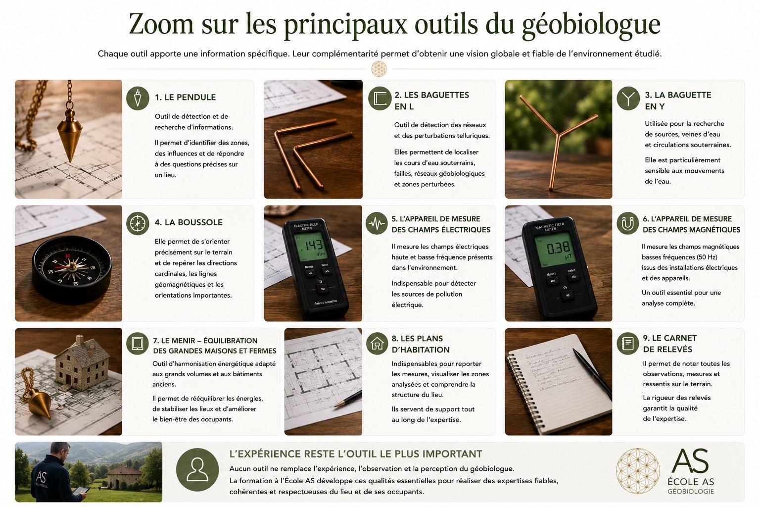 Les principaux outils du géobiologue | Formation en géobiologie – École AS Infographie présentant les principaux outils utilisés par un géobiologue : pendule, baguettes en L, baguette en Y, boussole, appareils de mesure des champs électriques et magnétiques, tablette, plans d'habitation et carnet de relevés, dans le cadre de la formation en géobiologie de l'École AS.