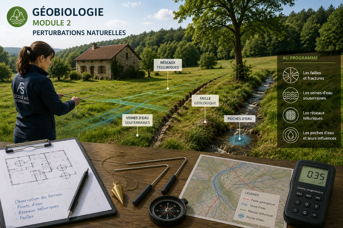 Illustration du Module 2 de la formation en géobiologie de l'École AS montrant l'étude des perturbations naturelles, des failles géologiques, des veines d'eau souterraines, des réseaux telluriques et des poches d'eau lors d'une expertise sur le terrain.