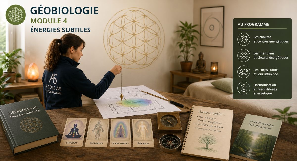 Illustration du Module 4 de la formation en géobiologie de l'École AS montrant l'étude des énergies subtiles, des mémoires des lieux, des objets chargés, de la radiesthésie et des techniques d'harmonisation énergétique.