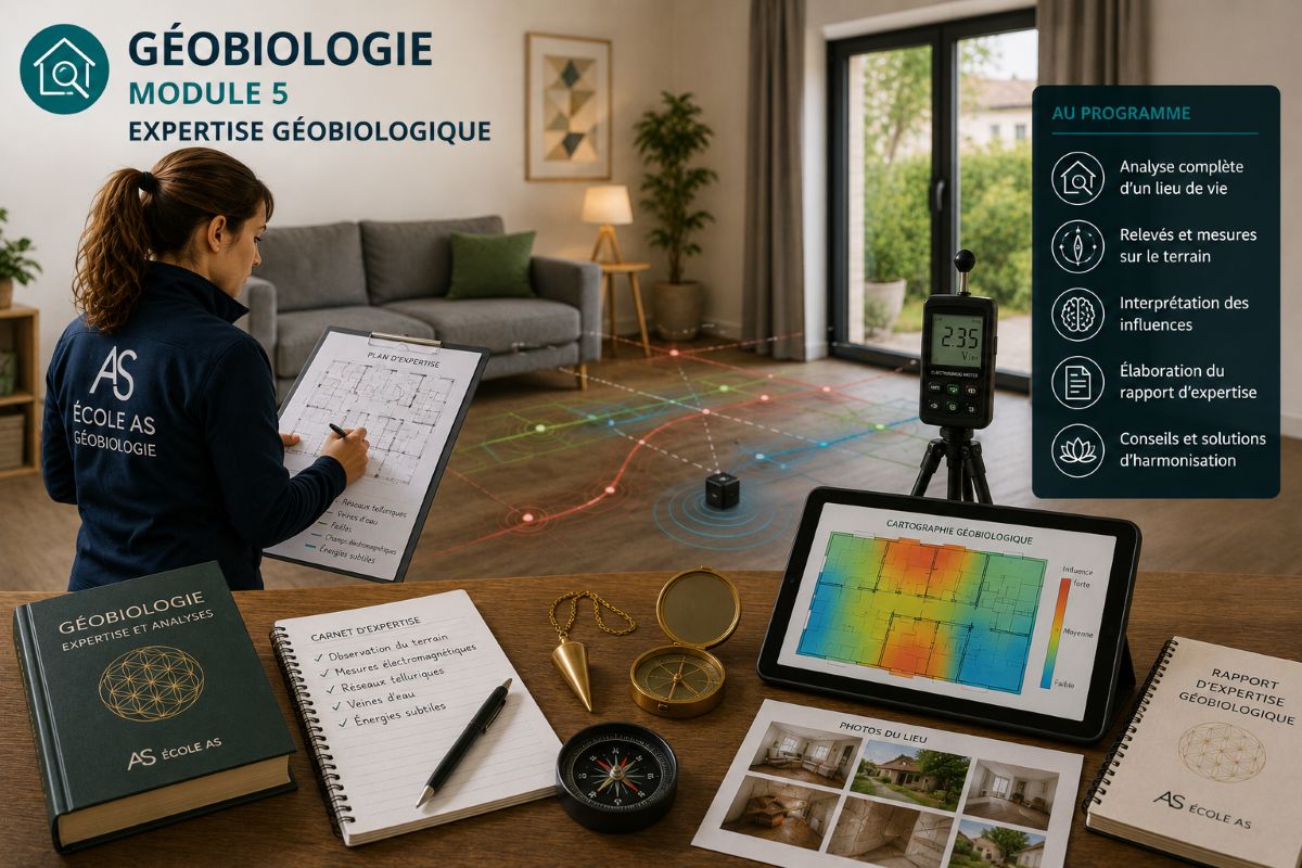 Illustration du Module 5 de la formation en géobiologie de l'École AS montrant la réalisation d'une expertise géobiologique complète dans une habitation avec relevés de terrain, appareils de mesure, cartographie et rapport d'expertise.