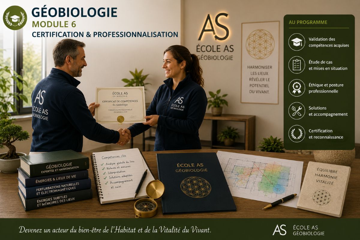 Illustration du Module 6 de la formation en géobiologie de l'École AS montrant la remise de la certification après la validation des compétences, des études de cas pratiques et de l'expertise géobiologique complète.