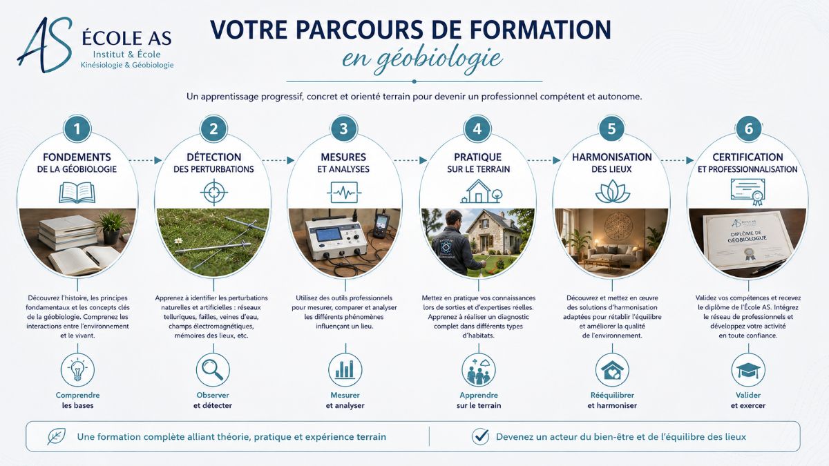 Votre parcours de formation en géobiologie | École AS Frise chronologique illustrant les six étapes de la formation en géobiologie de l'École AS : fondements de la géobiologie, détection des perturbations, mesures et analyses, pratique sur le terrain, harmonisation des lieux et certification professionnelle.