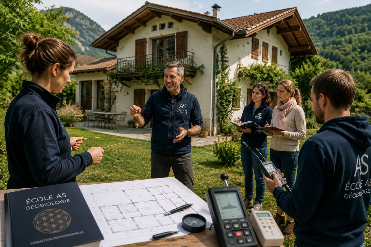 Formation pratique sur le terrain en géobiologie | École AS Des élèves accompagnés de leur formateur réalisent une expertise géobiologique devant une habitation à l'aide de baguettes de détection, d'un pendule, d'appareils de mesure électromagnétique et d'un plan de maison dans le cadre de la formation en géobiologie de l'École AS.