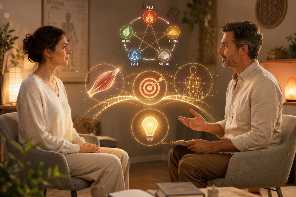 Touch For Health et métaphores – Dialogue thérapeutique après un test musculaire Thérapeute et client échangeant après un test musculaire en Touch For Health, illustrant le lien entre les métaphores, les cinq éléments, les méridiens, les muscles, l'objectif d'équilibrage et la prise de conscience.