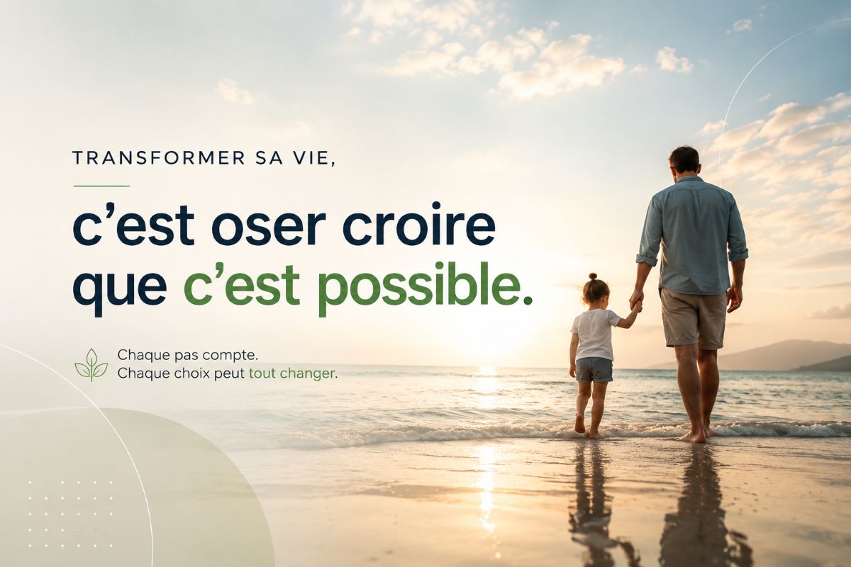 Transformer sa vie – Se former à l'Institut AS Illustration inspirante représentant un adulte et un enfant marchant sur une plage au coucher du soleil avec le message : Transformer sa vie, c'est oser croire que c'est possible. Image illustrant le développement personnel et la formation à l'Institut AS.