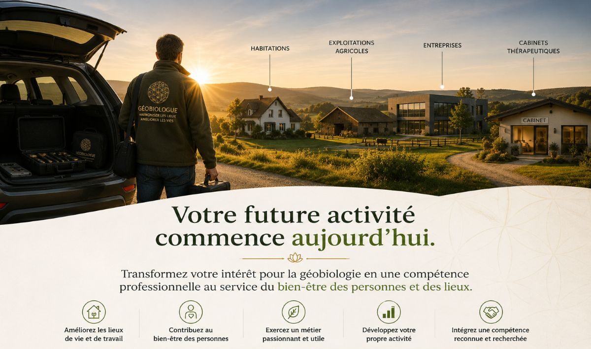 Votre future activité commence aujourd'hui | Formation en géobiologie – École AS Bannière illustrant un géobiologue débutant sa journée d'intervention avec son matériel professionnel devant différents lieux d'expertise : habitation, entreprise, exploitation agricole et cabinet thérapeutique, symbolisant les débouchés de la formation en géobiologie de l'École AS.